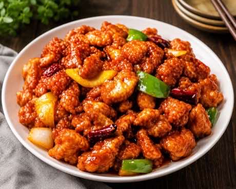 General Tso&rsquo;s Chicken with crispy battered chicken, green pepper and dried chili in a glossy sweet-savory sauce