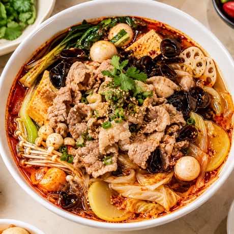 Build-your-own spicy hot pot with beef, tofu, lotus root, mushrooms and vegetables in chili broth