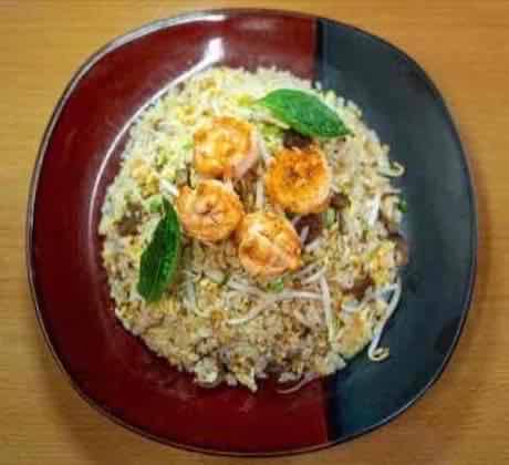 Shrimp fried rice with bean sprouts and Thai basil cooked fresh to order